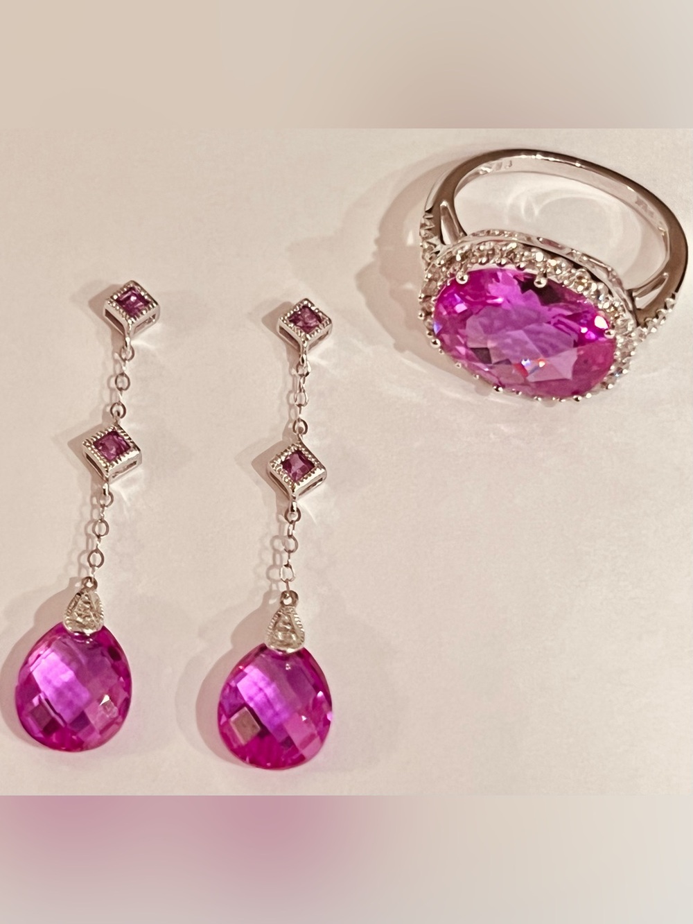 ✨Stunning Pink Sapphire Ring & Earrings Set Cushion Cut Diamonds 10K White Gold